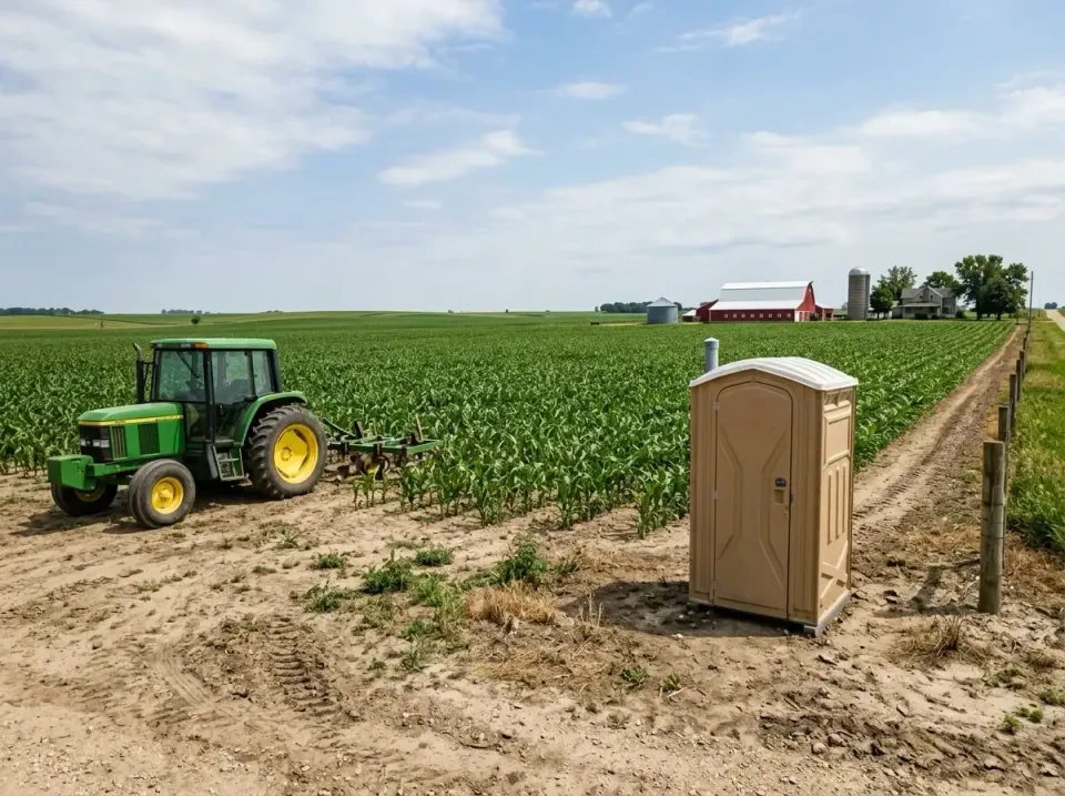 Portable Toilet — Agricultural Setting — Portable Toilet, Farm Tractor, Corn Field, Agricultural Setting, Luxury Restroom Tr…